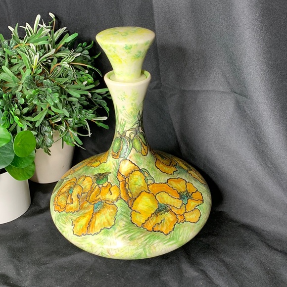 Other - Vintage Artist Design hand painted and etched Ceramic Decanter with poppies